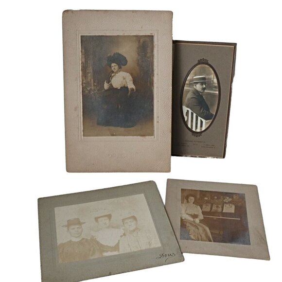 4 Victorian Photographs on Board Man Woman Piano Portrait Vintage Black White Pi - Picture 1 of 5